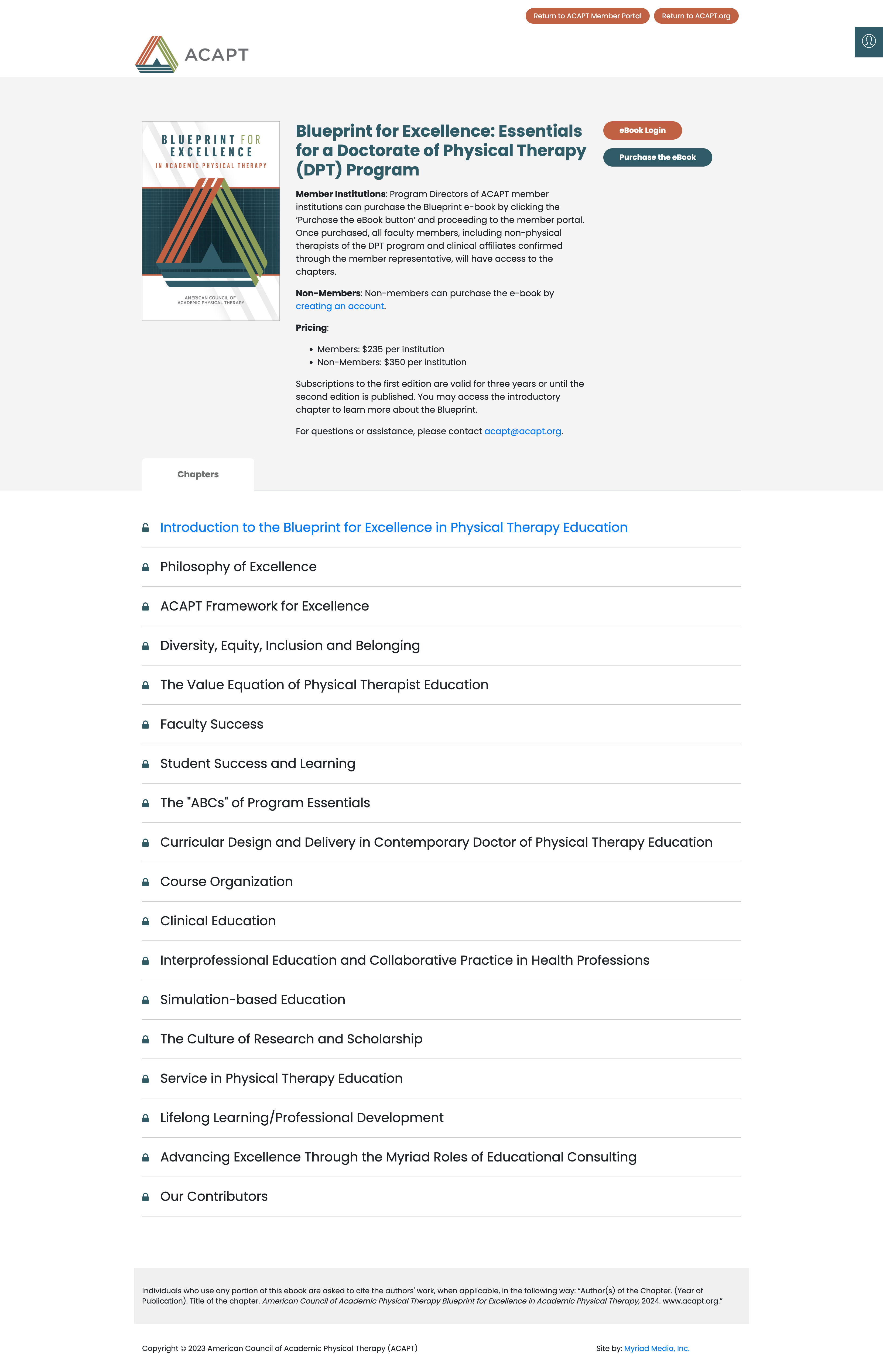 ACAPT Blueprint for Excellence eBook — cover, member login, purchase, and locked chapter list