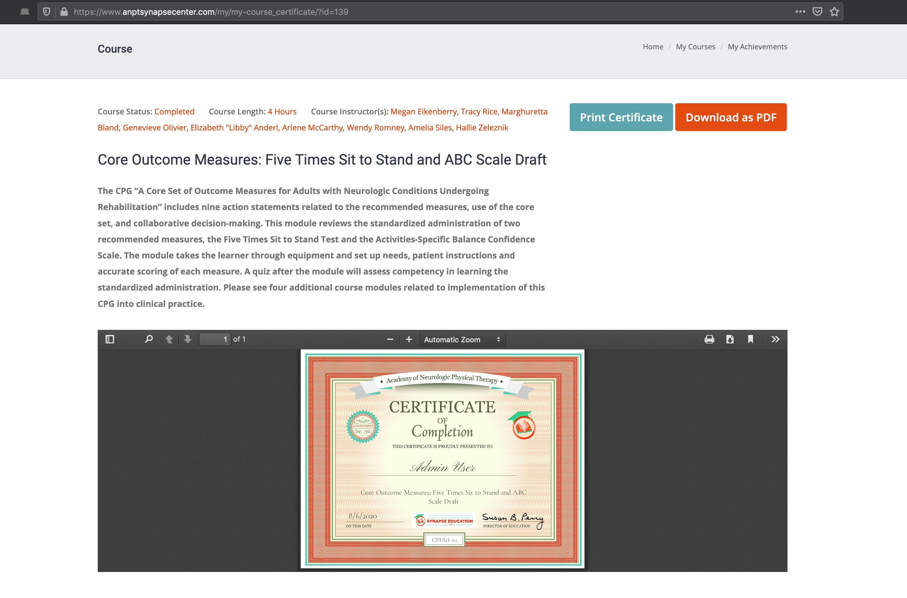ANPT LMS admin dashboard listing courses and learners
