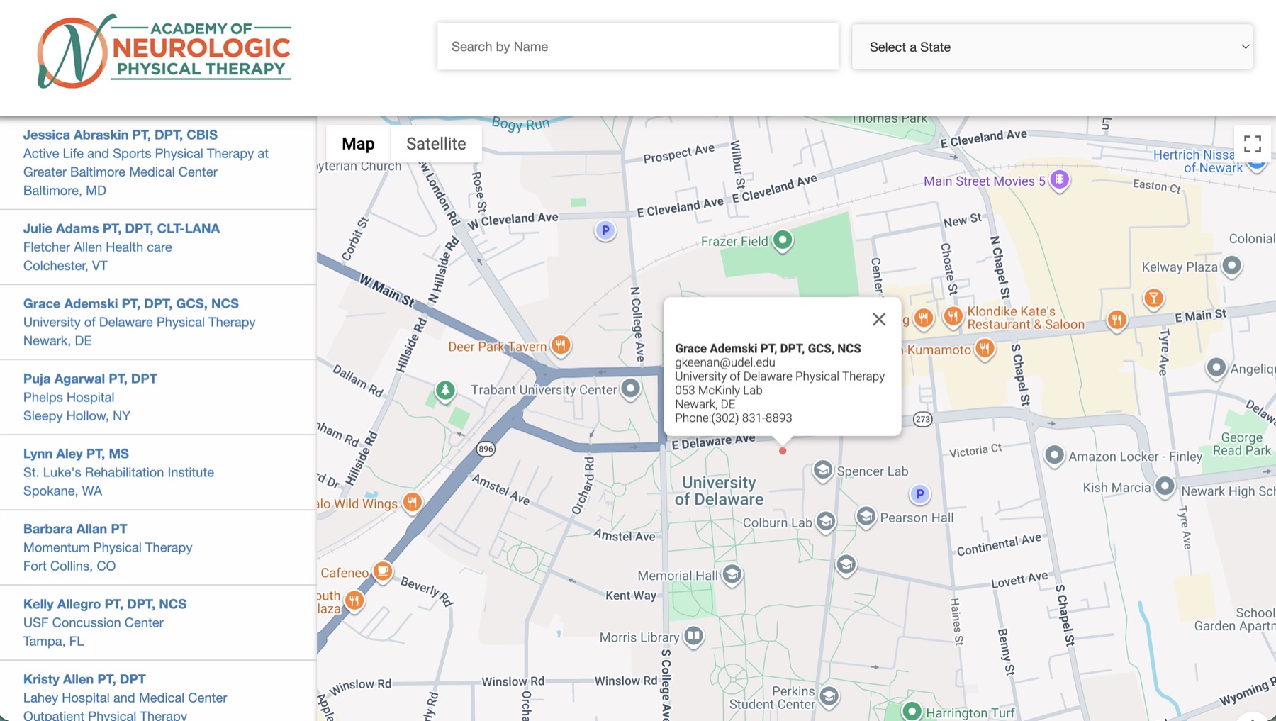 ANPT interactive map — search neurologic physical therapists by name or state, with a specialist card open on the map