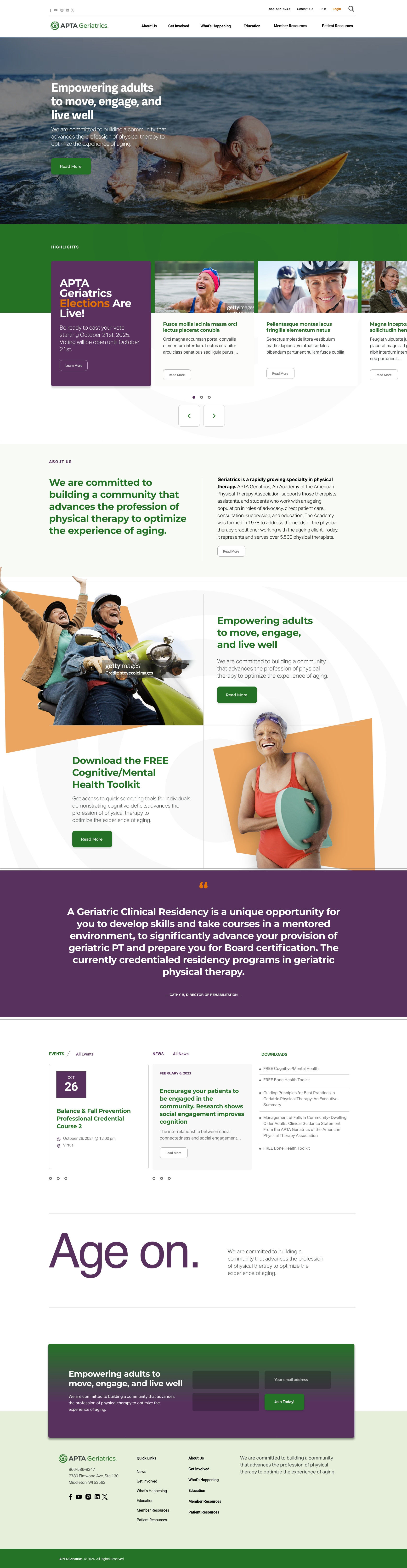 APTA Geriatrics homepage — surfer hero, highlights, mission, events, and Age on tagline