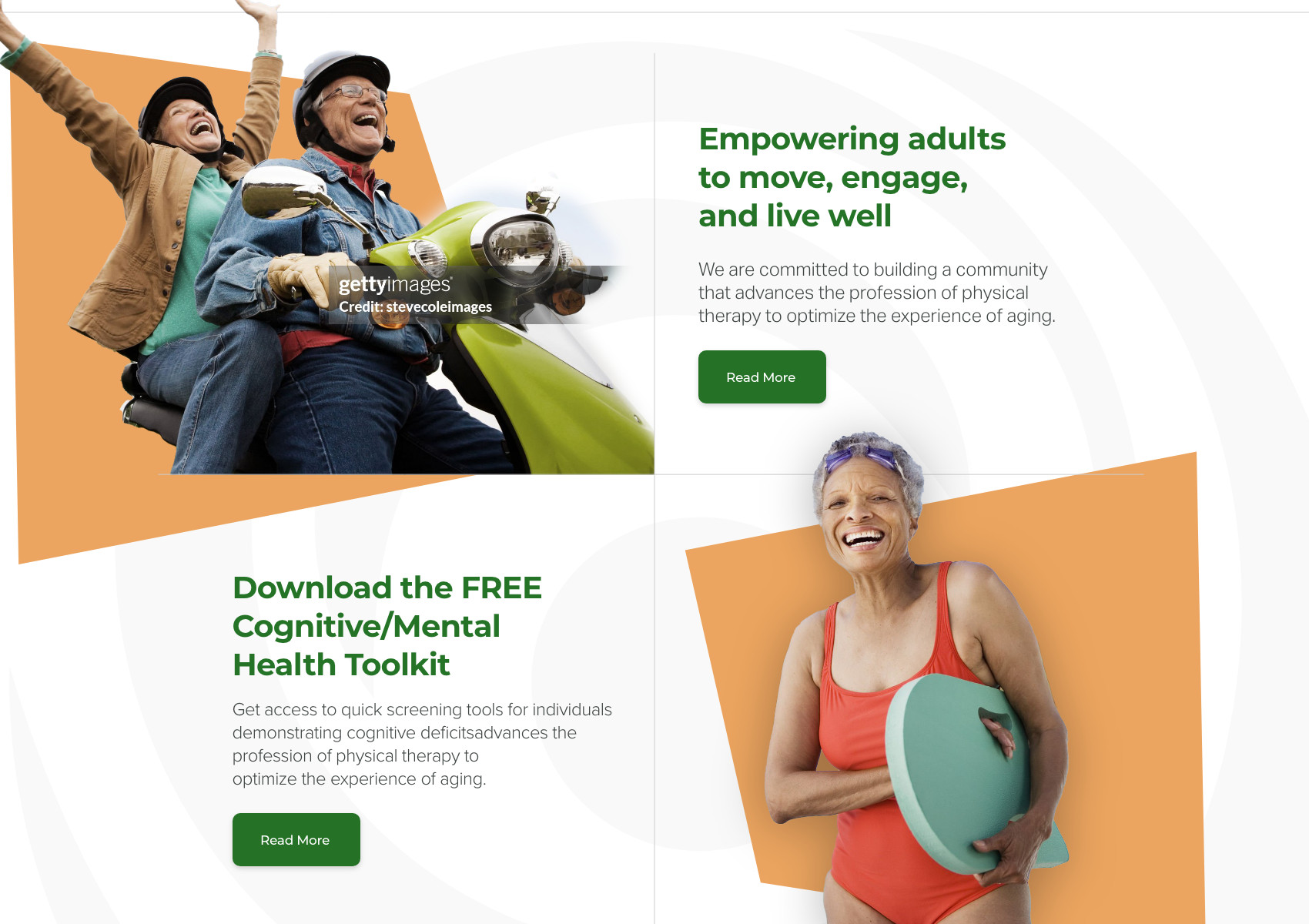 Homepage feature grid with active-aging photography and mission copy