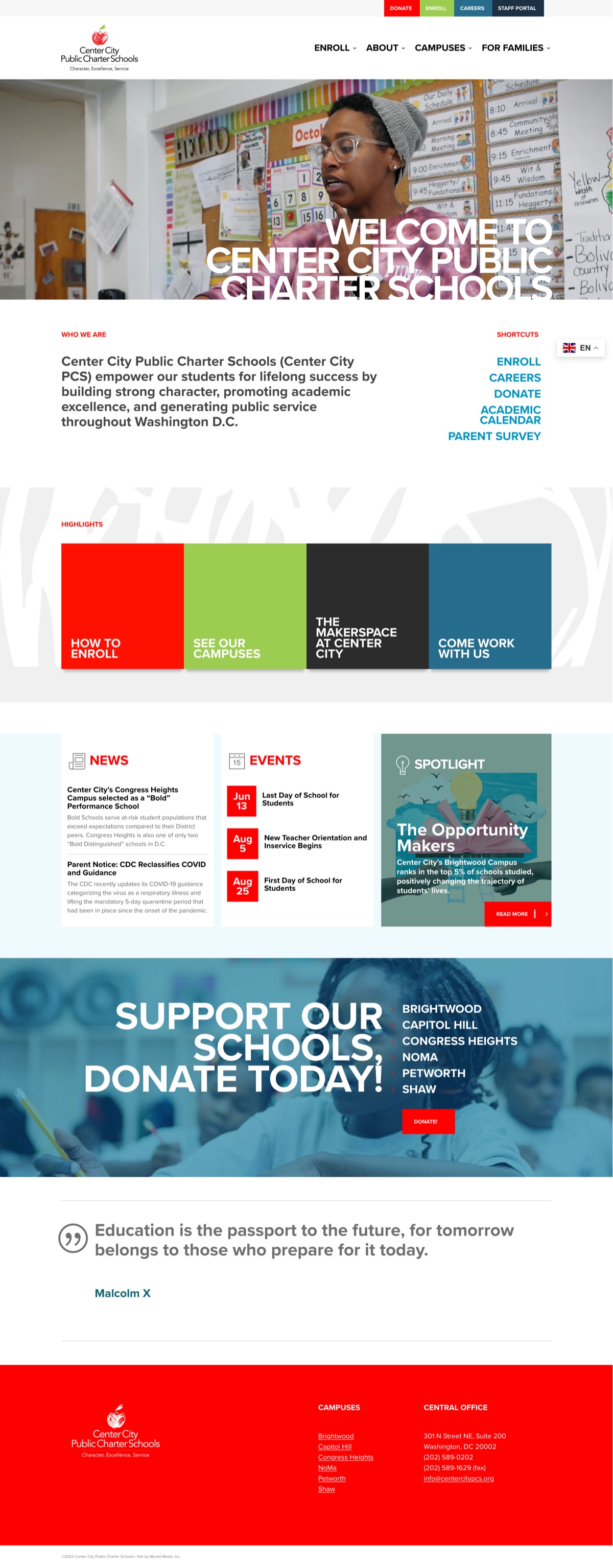 Center City PCS district homepage — welcome hero, enrollment shortcuts, news, events, and campus spotlights