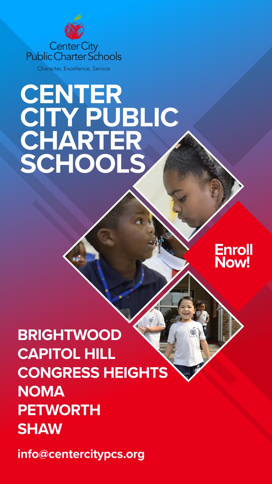 Enroll Now digital sign artwork listing the six Center City PCS campuses