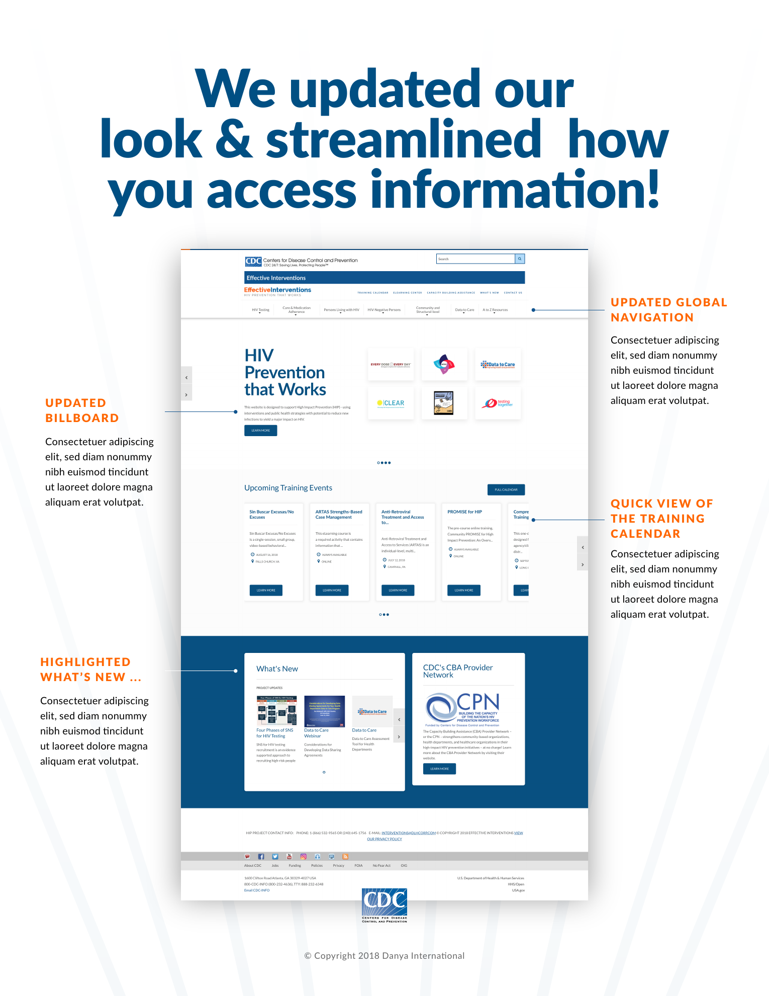 June 2018 Danya announcement for the Effective Interventions redesign — updated global navigation, billboard, training calendar, and What’s New