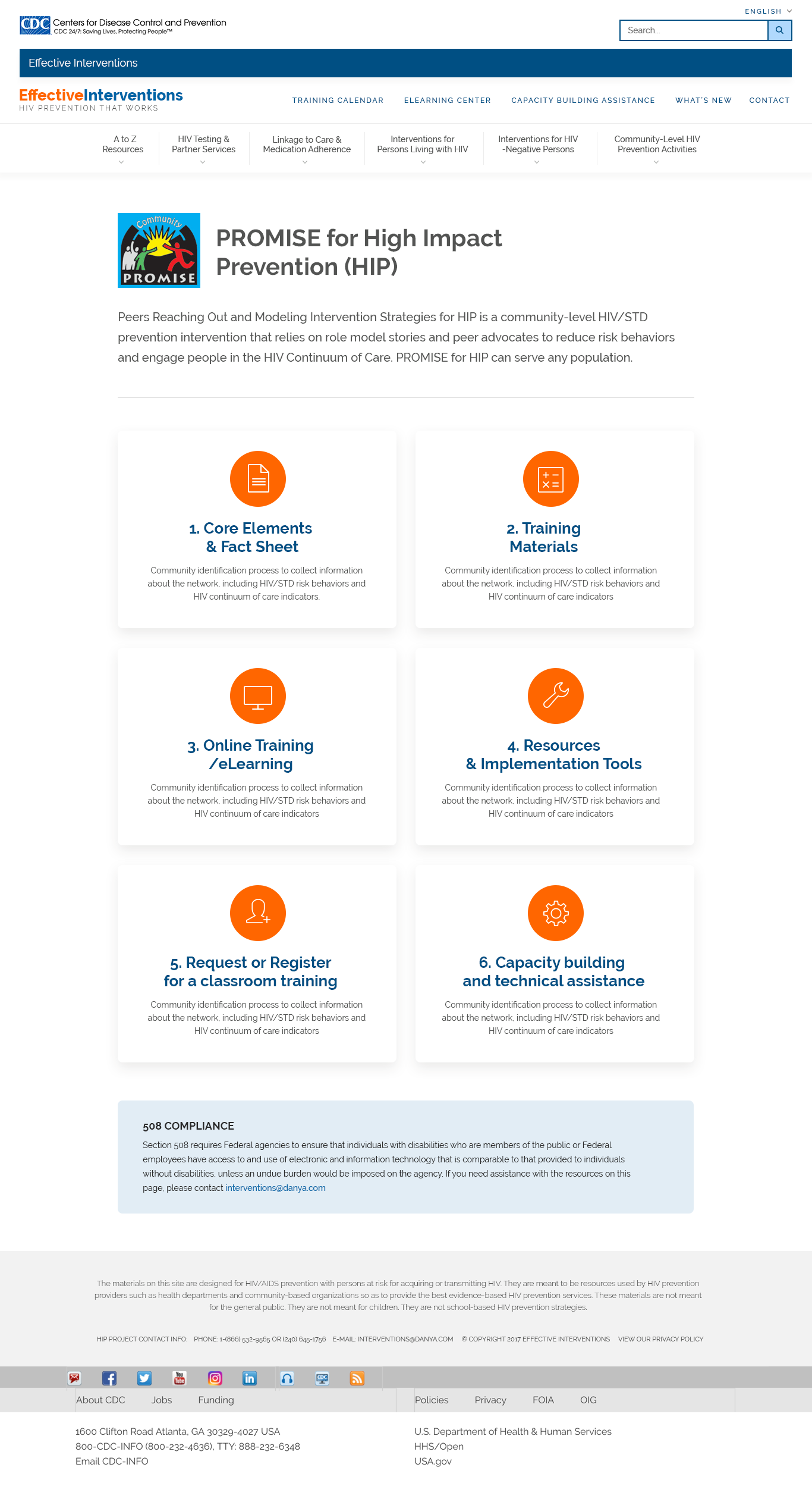 PROMISE for HIP intervention page — six resource cards from core elements through capacity building
