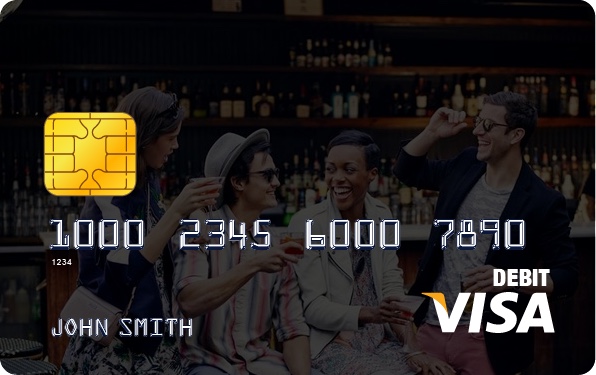 Lifestyle Visa debit card — friends at a bar, the brand off the site and in a wallet