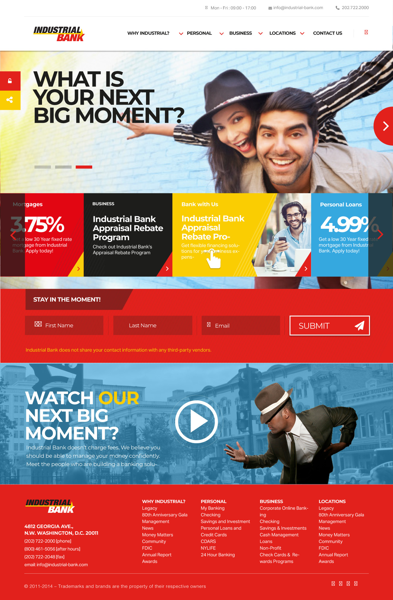 Industrial Bank homepage — next-big-moment hero, rate tiles, lead form, and video story